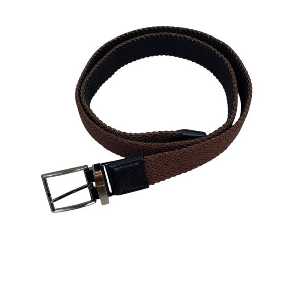 Tommy Bahamas Reversible Mens L/XL Stretch Woven Belt Brown & Black Leather Trim - Picture 1 of 7